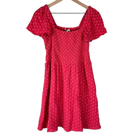 Madewell Americana Red Eyelet Embroidered Lucie Smocked Mini Dress - Picture 2 of 6